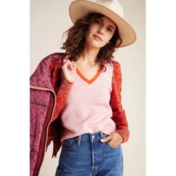 Anthropologie Cherie Puff Sleeve Sweater Medium Red pink cozy v-neck soft boho - Picture 3 of 14